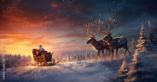 Santa Claus guiding his sleigh through the night sky