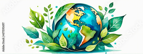 Planet Earth with leaves on white background. Eco concept. watercolor painting style.