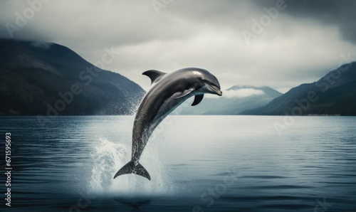 Dolphin jumping out of the water. Nature background. Mounts on background. Stormy sky.