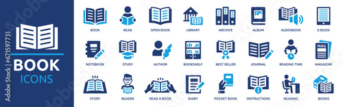 Book icon set. Containing library, read, author, journal, reading, bookshelf, magazine, e-book and more. Vector solid icons collection.
