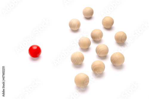Different wooden red ball, individual, and unique concept, niche market, brand, leadership, positioning in business