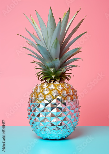 Shiny disco ball with pineapple leaves on the top isolated on pink and blue background. Creative New Year or party concept. Entertainment surreal idea