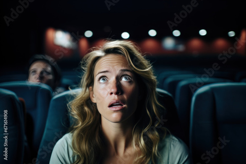 femme assise dans un fauteuil dans une salle de cinéma avec une expression d'étonnement et de surprise sur le visage