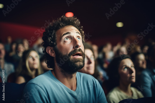homme assis dans un fauteuil dans une salle de cinéma avec une expression d'étonnement et de surprise sur le visage