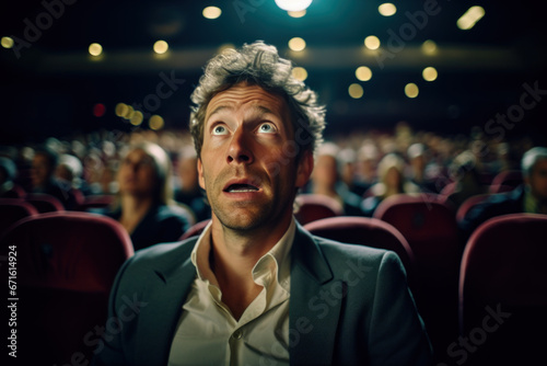 homme assis dans un fauteuil dans une salle de cinéma avec une expression d'étonnement et de surprise sur le visage