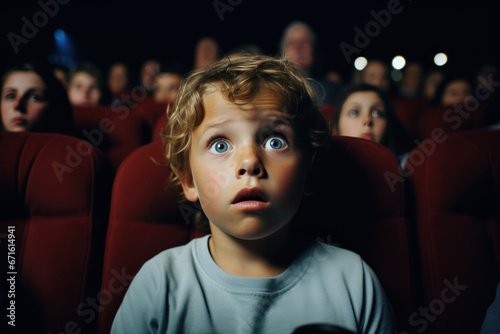 garçon assis dans un fauteuil dans une salle de cinéma avec une expression d'étonnement et de surprise sur le visage