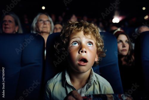 garçon assis dans un fauteuil dans une salle de cinéma avec une expression d'étonnement et de surprise sur le visage