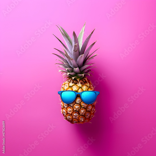 A funny pineapple with blue sunglasses on a pink background. Summer concept artwork