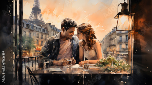 Romantic photo of couple in cafe in Paris. Valentines concept love story