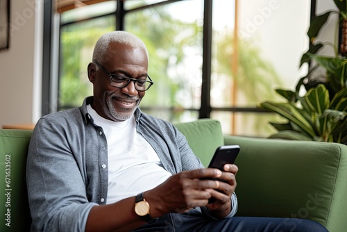 Confident and happy mature man 50-60 years old using smartphone at home and showing his modern digital lifestyle.