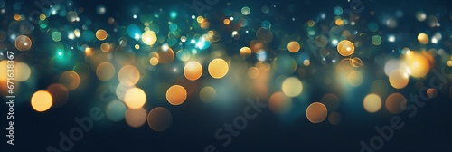 Christmas bokeh lights blured background in gold, dark blue and emerald green colors
