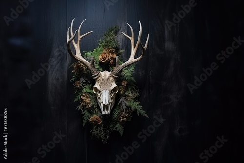 Elk scull with horns and wreat hanging on dark wooden wall. Outdoor decorations. Pagan Christmas, New Year, Yule. Psychedelic ethnic element. Mystical design for Halloween print, card, poster, decor 