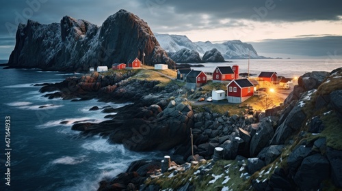 Traditional red Rorbu fisherman's huts on the rocky coastline of Lofoten Islands, Norway.