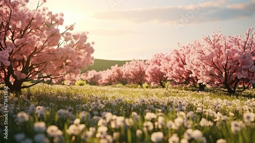 Panoramic view of the field waves with blossoming trees.