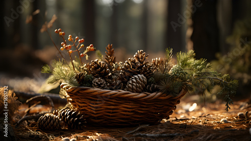 autumn still life with pine cones in forest