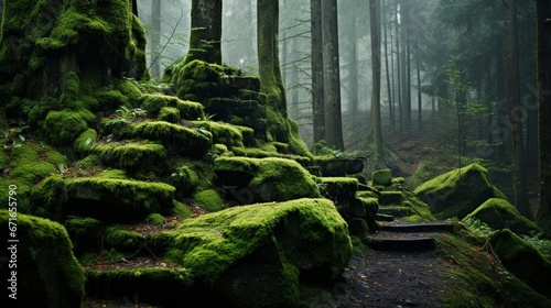 Moss-covered rocks in a damp forest, evoking a sense of timelessness and tranquility.