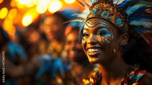 Flamboyantly costumed dancers parade at Rio Carnival, Brazil.
