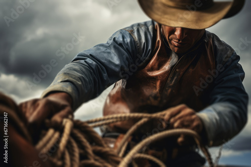 close up cowboy holding a lasso rope in hands