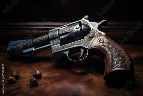 Old Vintage engraved western revolver gun close up on dark background