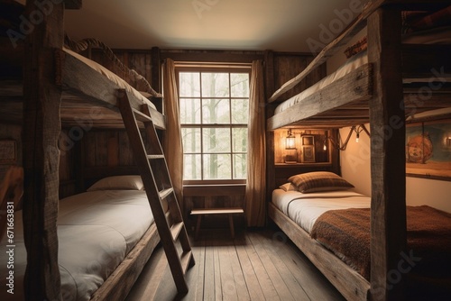 A warm and rustic bedroom featuring a bunk bed and ladder made from tree trunks. Generative AI
