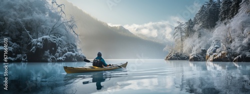 Rear view of mid adult happiness traveller paddling Kayakers rowing on still ice lake winter season adventure tour traveller in nature concept