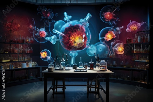Laboratory research and development concept, 3d rendering science background, Futuristic laboratory equipment illuminates scientific discovery in a glowing industry