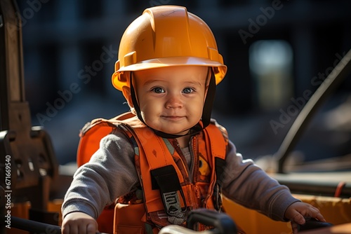baby in a orange safety helmet works at a construction site