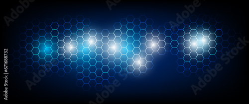 Dark gray and blue technology hexagonal vector background. Abstract blue bright energy flashes under a hexagon in a dark hi-tech futuristic modern vector background gaming honeycomb texture grid.