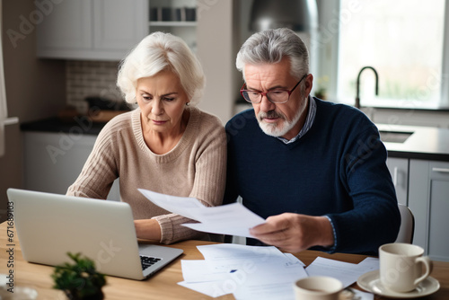 Serious mature couple checking financial documents, domestic bills, planning budget together.
