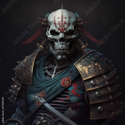 AI generated illustration of A zombie-like figure in traditional samurai armor