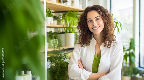Young European naturopath in modern office with plants