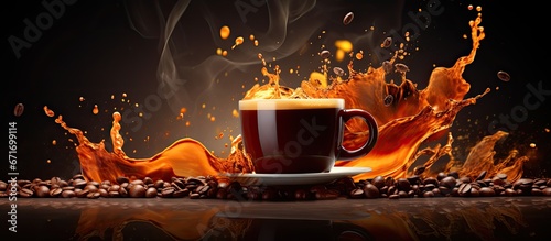 Coffee advertisement design with aromatic fresh brews and flying coffee beans on dark background