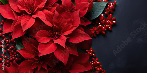 christmas bouquet with red poinsettia bloom with black copy space 