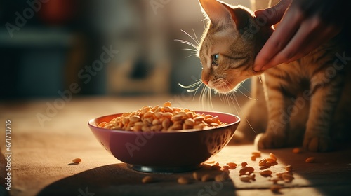 A Bowl of Delicious Treats, a photo realistic image of an orange tabby cat being petted by a hand while it investigates a pink bowl of treats