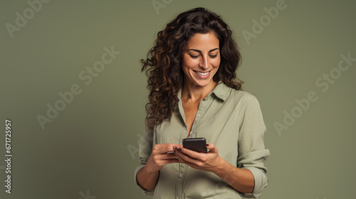 portrait studio d'une jeune femme brune souriante en train d'utiliser une application sur son téléphone portable pour faire un achat ou communiquer