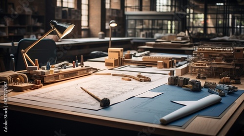 An architectural firma??s workspace featuring blueprints sprawled on tables, scale models, and drafting tools.