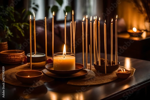 burning candles in a room, Scented candles and aroma incense sticks on table in living room