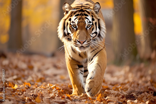 Adult wild beautiful tiger walking and hunting in nature