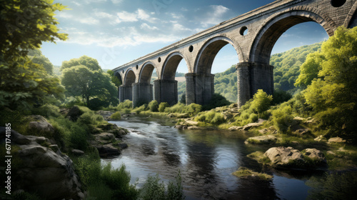 An old railway bridge stands tall above a winding river, its large arches creating a majestic view of the surrounding landscape