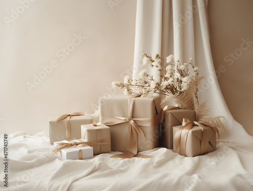 Natural beige gift boxes wrapped in brown paper and ribbons with flowers and natural sunlight