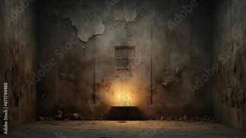 An old, forgotten chamber with a single candle burning in the corner