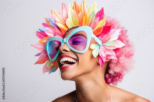 Colorful portrait of woman with feathered hairstyle and cool plastic glasses.