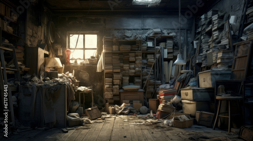 An old, forgotten storeroom with piles of forgotten items