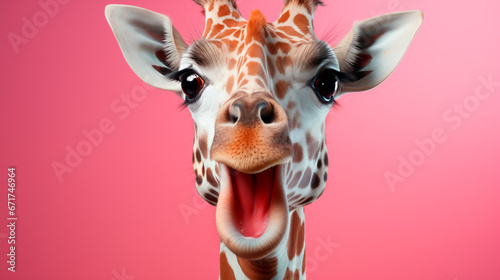portrait of surprised giraffe on pink background, banner for sale or advertisement, promo action