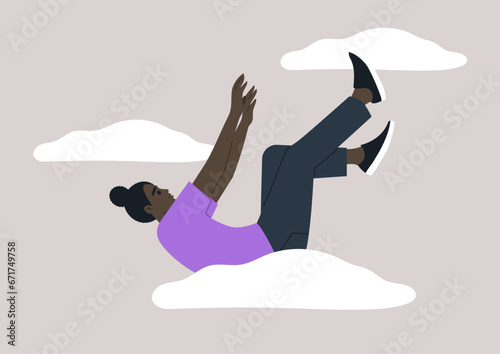 A young character plummeting in a free fall, feeling hopeless and apathetic, descending from the clouds to a rock bottom
