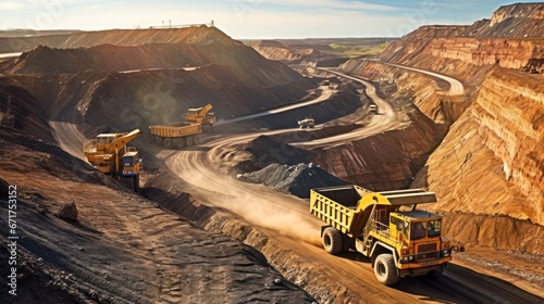 Open pit mine industry, big yellow mining truck for coal quarry