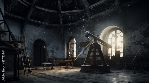 An old, abandoned observatory with a broken telescope and faded stars on the ceiling