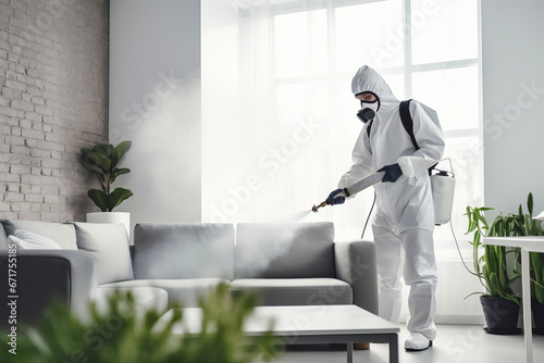 Faceless pest control worker in a protective suit sprays insect poison in a living room