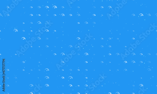 Seamless background pattern of evenly spaced white tachometer symbols of different sizes and opacity. Vector illustration on blue background with stars