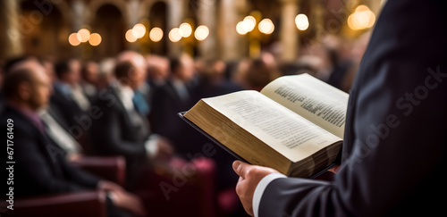 Pastor with a Bible in his hand during a sermon. The preacher delivers a speech. Senior priest standing with Bible